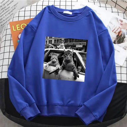 Streetwear Cat Crew Neck Hoodies Warm Fleece Sweatshirt Vintage Crew Neck Pullover Casual Female Clothes