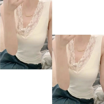 Spring Autumn Women's Slim Fit Lace Trim V-Neck Strap Vest Top Slim Inner Wear Base Layer Sweet Style Elastic Fiber