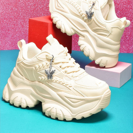 Women's Lightweight 7cm White Thick-Soled Trbottomyy Versatile Fashionable Casual Vulcanized Shoes with Silver Butterfly Decorative Pendant Chain Shoes High Water Platform Trbottomyy Versatile White Women's Comfortable Soft-S