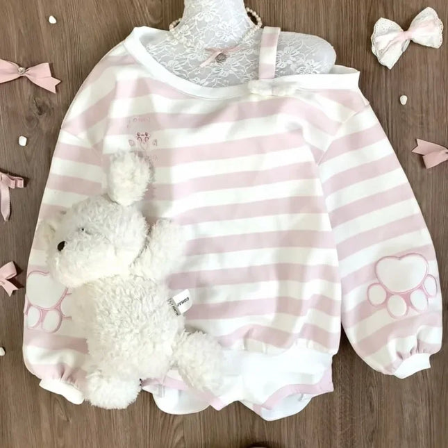Kawaii Pink Striped Sweatshirts Women Cutecore Off Shoulder Long Sleeve Pullovers Sweet Japanese Style Loose Casual