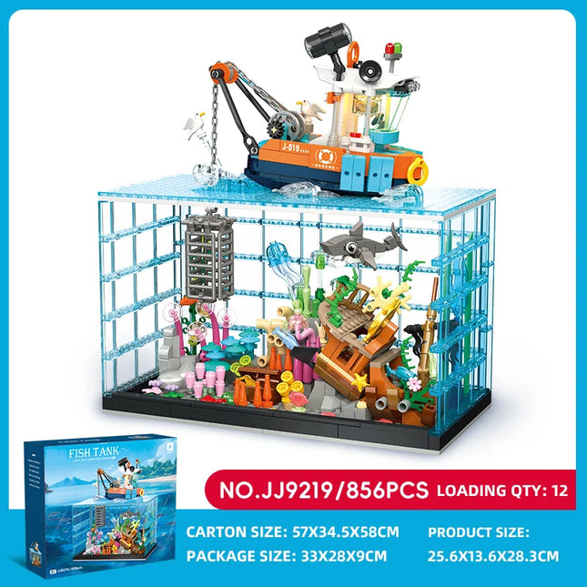 856PCS Diving Adventure Fish Tank with Lights Building Blocks Set, Creative Ornament, Educational Toy, Kids Birthday Gift
