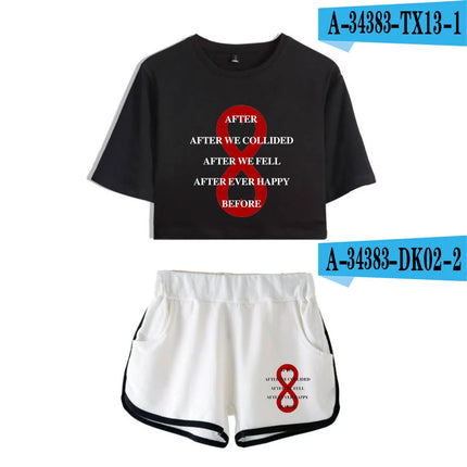 Youthful Black White After We Collided Girl Dew navel Two Piece Set Sexy Short Sleeve Crop T-shirts+Shorts Pants Tracksuit