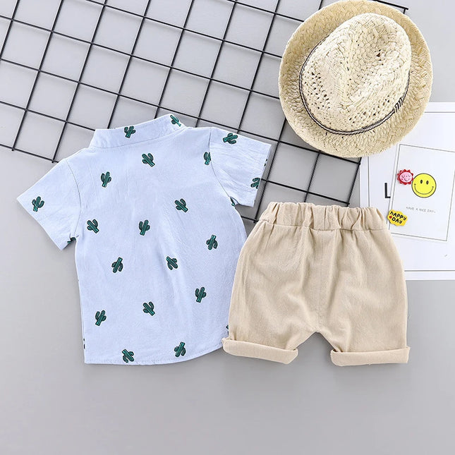Infant and toddler summer full print cactus pattern short-sleeved shorts set, outdoor stand-up collar shirt, fashionable two-piece outfit