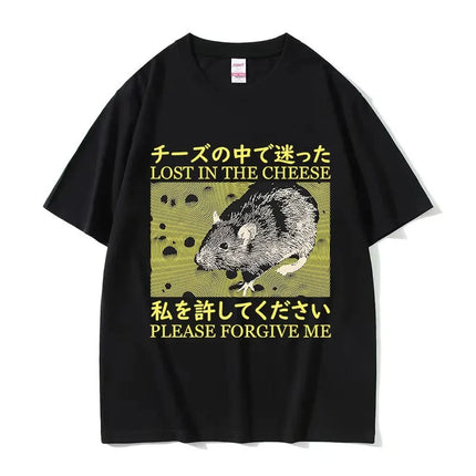 Funny Cheese Devouring Machine Japanese Rat Graphic T Shirts Men Vintage Fashion O-Neck Oversized T-shirt Y2k Unisex 62408