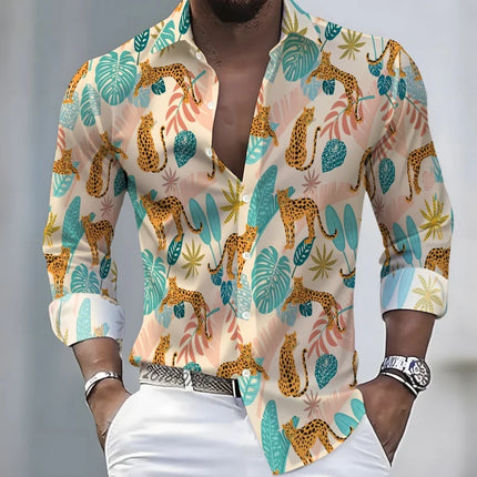 2026 New Hawaiian Style Coconut Tree Print Long-Sleeve Shirt, Stylish Print Men's Casual Vacation Loose Collar Hawaiian Shirt