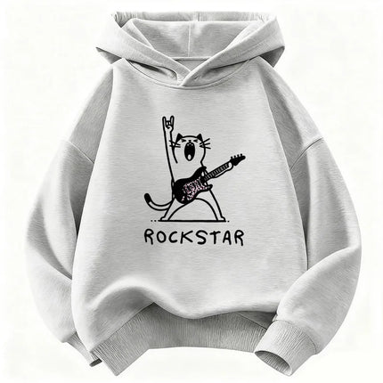 Vintage Rock Star with Music Cat Design Hoodie Kids Cat Children's Sweatshirt Hoody for Boys Girls Hip Hop Casual Hoodies