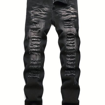 Men’s trendy streetwear: black ripped straight-leg jeans – an excellent gift for husbands or boyfriends.