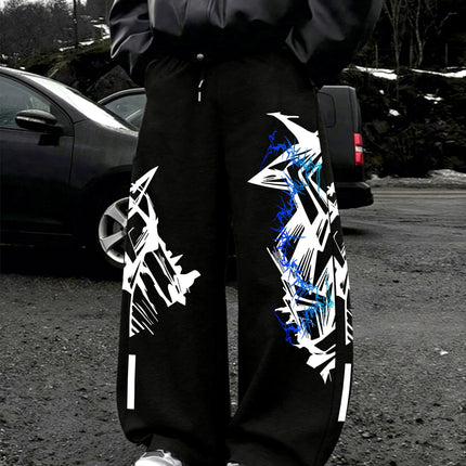 Y2K Abstract Blue Graffiti Geometric Print Mens Baggy Wide Leg Sweat Pants Loose Straight Drawstring Hip Hop Street Joggers