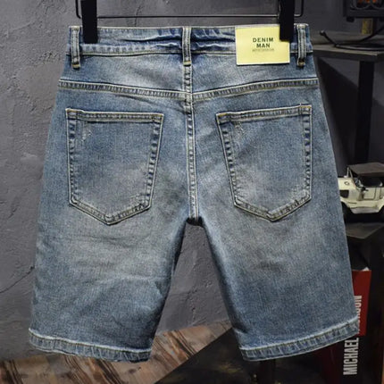Blue Old Retro Summer Men's Denim Medium Pants Embroidered Scratches Washed Versatile Elastic Shorts Cargo Half Pants Jeans