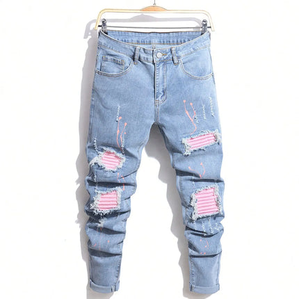 Men's Jeans Cool Ripped Skinny Trousers Stretch Slim Denim Pants Patchwork Hip Hop Black Blue Casual Jogging Jeans for Men