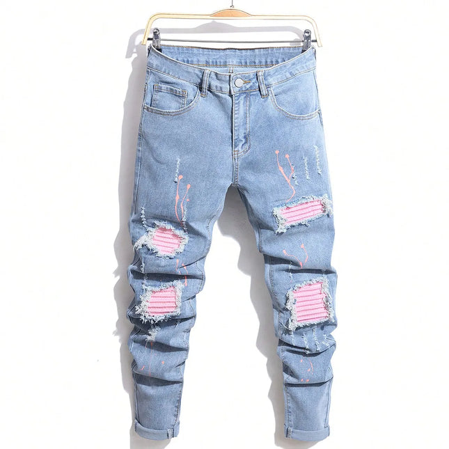 Men's Jeans Cool Ripped Skinny Trousers Stretch Slim Denim Pants Patchwork Hip Hop Black Blue Casual Jogging Jeans for Men