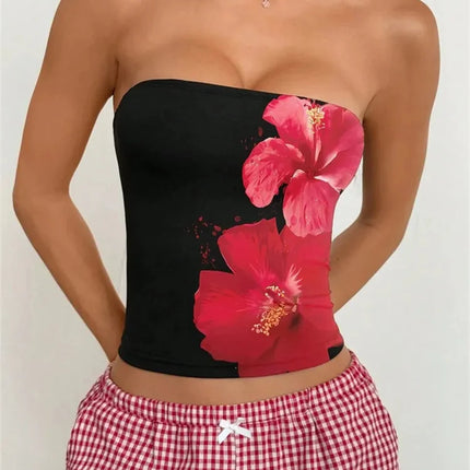 Women's Floral Printed Tube Top Summer Sexy Off the Shoulder Crop Top Streetwear