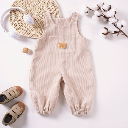Baby Boys Girls Jumpsuits Cute Bear Graphic Denim Bib Pants with Small Pocket Toddler Overalls for Spring Autumn