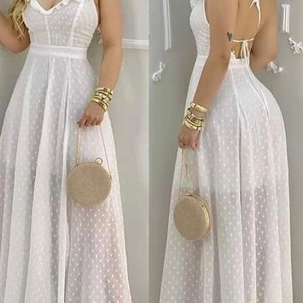 Women's Yellow Polka Dot Maxi Dress Ruffled Neckline Back Tie Side Slit Ideal for Summer Vacations and Bohemian Gatherings