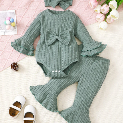 Baby girl autumn and winter casual fashion texture fabric round neck double-layer flared sleeves bow bow front jumpsuit and flar