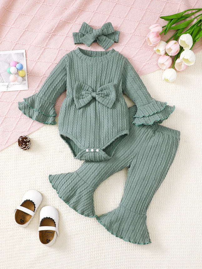 Baby girl autumn and winter casual fashion textured fabric round neck double-layer flared sleeves bow front jumpsuit and flar