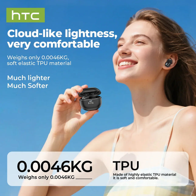 HTC NE16 Bluetooth V6 Earphones TWS in-Ear Wireless Headphones with AI Translator Long Life Noise Reduction Lightweight Earbuds