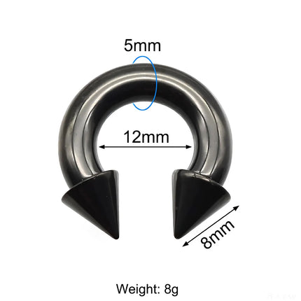 1Pc Large Gauge Black Stainelss Steel Horseshoe Ring with Spike Circular Barbell Piercing Nose Rings Cone Piercing Septum Rings
