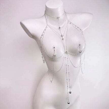 Sparkling Body Chain with Nipple Clamps Collar All-in-One BDSM Training Set Paired with Waist Chain Sexy Accessories Sex Toys