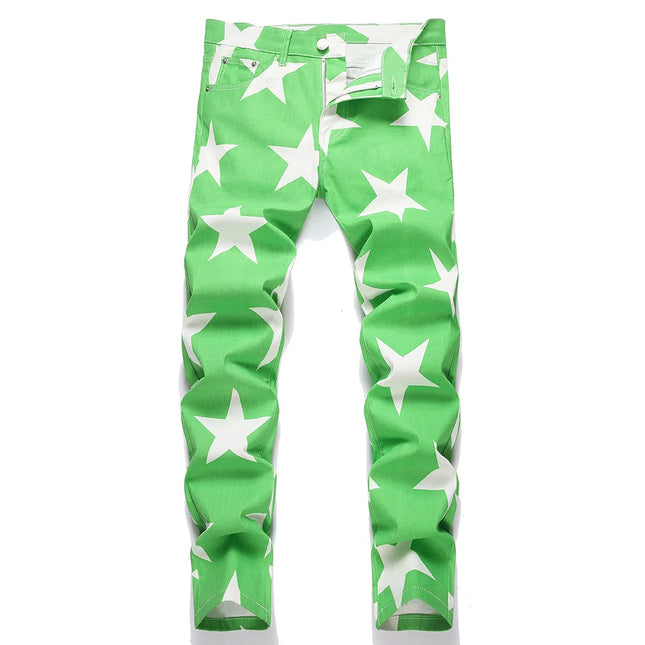 Men Stars Print Jeans Y2K Fancy Color Stretch Cotton Denim Pants Fashion Slim Straight Trousers