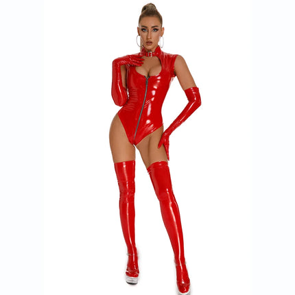 Sexy Hollow Out Women PU Faux Leather Lingerie Bodysuits Latex PVC Catsuit Fetish Lingerie Ladies Erotic Open Crotch Clubwear