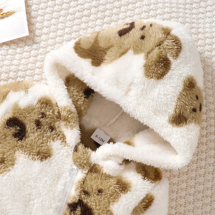Winter baby girl fashionable casual cute cartoon small bear pattern slanted zipper hooded long sleeved plush jumpsuit