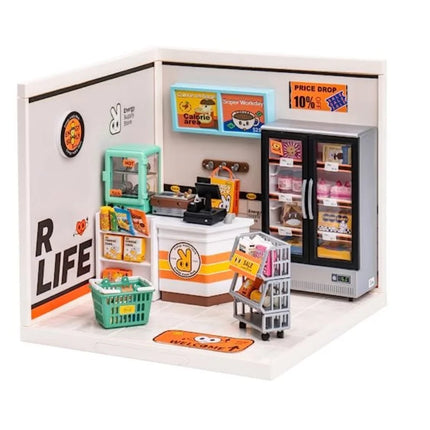 Robotime Mini Dollhouse DIY Miniature House Kit 1:20 Fruit Store Cafe Store Supply Store Kit with LED for Teens Adults