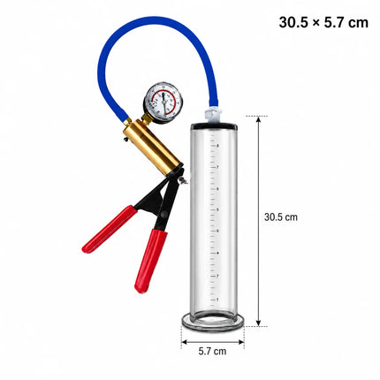 Male Acrylic Cylinder Vacuum Pump Sex Toy with Blue Hose Red Hand Grip Gauge and Man Masturbation Accessories