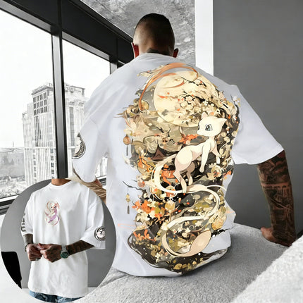 Pokemon   Anime Mew Printed Cotton T-shirt Summer Men's and Women's Loose Casual Street Hip-hop Versatile Short Sleeved Top