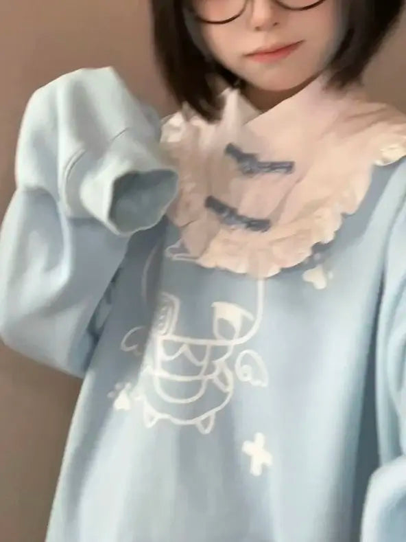 Onalippa Fashion Autumn Winter New Cute Printed Long Sleeved Sweater Women Sweet Versatile Button Up Ruffle Anime Loose Top