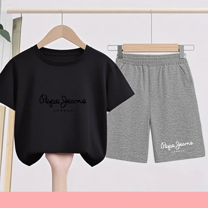 Children's Sportswear Set - White T-shirt + Shorts - Personalized Letter T-shirt Suitable for Boys and Girls Aged 3 to 13
