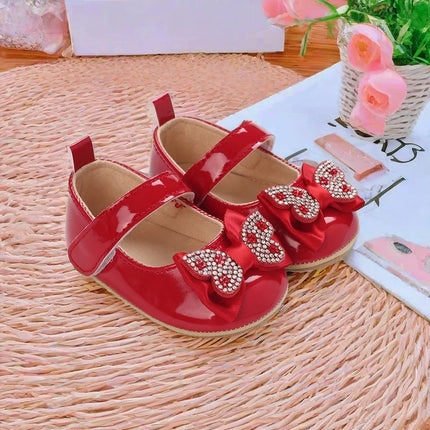 Casual Cute Rhinestone Bowknot Decor Mary Jane Shoes For Baby Girls, Lightweight Non-slip Walking Shoes For Spring And Autumn