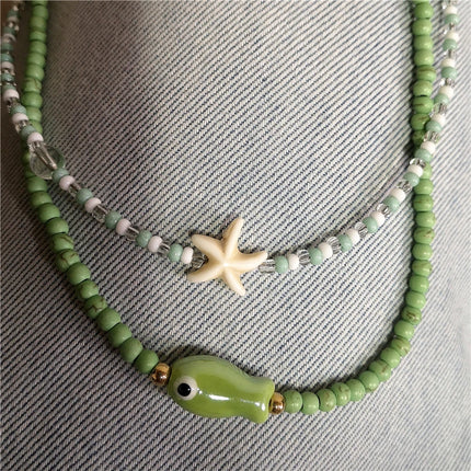 Cute Green Ceramic Fish Conch Shell Starfish Mushroom Pendant Bead Choker Neck Necklace For Women Summer Beach Vacation Jewelry