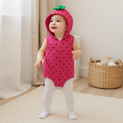 Baby Girls Romper Sleeveless Hooded Strawberry Seed Print Infant Bodysuit with Socks Cosplay Halloween Clothes