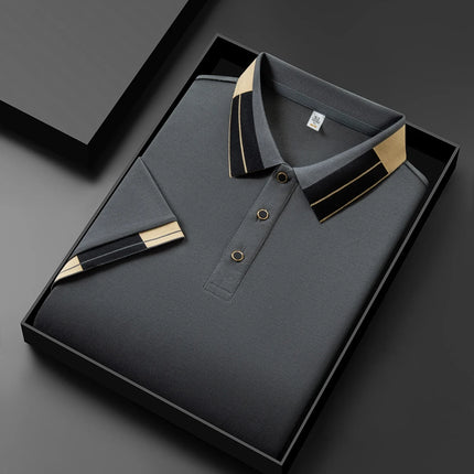 2025 New Men's Collar Polo Shirt Short Sleeved Sweat Absorbing Polo Tops, Luxury Jacquard Breathable Contrast Color T-shirt
