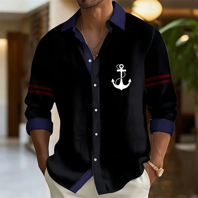 2026 Summer New Men's Long-Sleeve Shirt, Contrasting Collar with Anchor Print, Fashionable Casual Hawaiian Shirt, XS-6XL