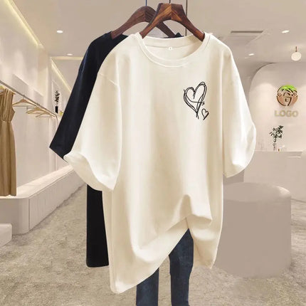Summer 2025 New Elegant Love Print T-shirts Women Clothing Casual Loose Cotton Pullover Office Lady Basic Short Sleeve Top Tees