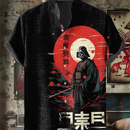 Men's short-sleeved shirt with samurai print and stylish ink painting design, summer casual men's top, trendy retro streetwear.