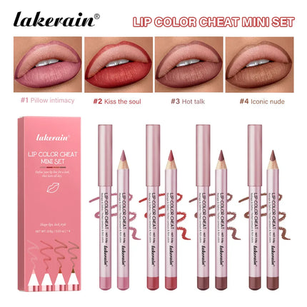 Mini Wooden Lip Liner Set in 4 Colors, Long-lasting And Pigmented Matte Lipstick Pencil, Smoothly Defines Beautiful Lips