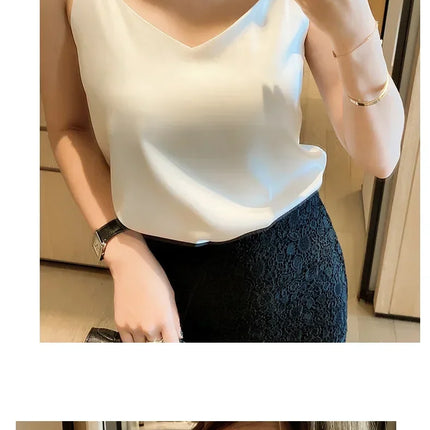 2026 Spaghetti Strap Top Women Halter V Neck Basic White Cami Sleeveless Satin Silk Tank Tops Women's Summer Camisole Crop Top