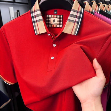 High-end silky cotton breathable short-sleeve polo shirt men's summer new trend plaid lapel designer brand casual golf T-shirt
