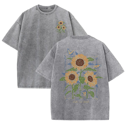 Lift Is Good Beautiful Sunflower Print Washed T-Shirts Women Soft Cotton T-Shirt Street Creative Short Sleeve Summer Casual Tops