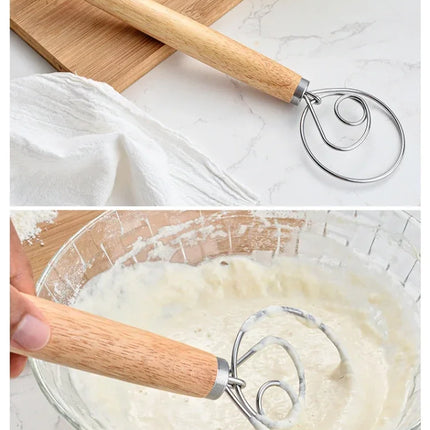 Cake Tools Danish Dough Whisk Stainless Steel Dutch Bread Dough Hand Mixer Wooden Handle Kitchen Baking Tools Artisian Blender