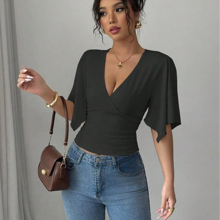 Elegant V-neck versatile trend big sleeve women's T-shirt two-piece set