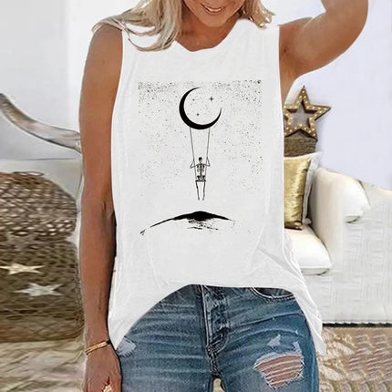 Seeyoushy New Funny Skeleton Travel Around Space Print Women T-shirts Round Neck Loose Summer Tee Shirt Sleeveless 90s Tops
