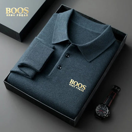 BOOS HRDAFREAR new autumn and winter wool collar long sleeved men's knitted polo shirt solid color middle-aged base sweatermen c