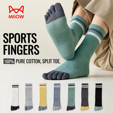 MiiOW 100% Pure Cotton Five Finger Long Socks Deodorant Antibacterial Running Sports Split Toe Sock Cycling Trending Sock Men