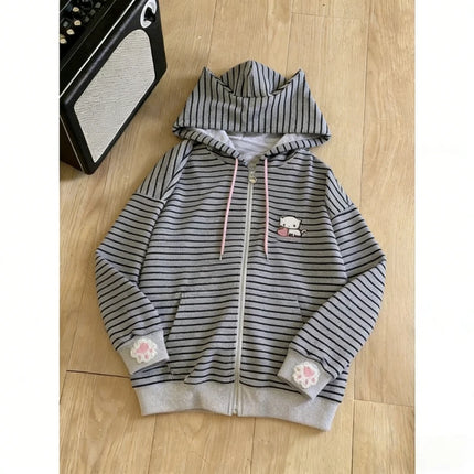Japanese Harajuku Kawaii Long Sleeve Hoodie Women Cat Ears Sweet Sweatshirt Lace Striped Zipper Casual Cartoon 2025 Autumn