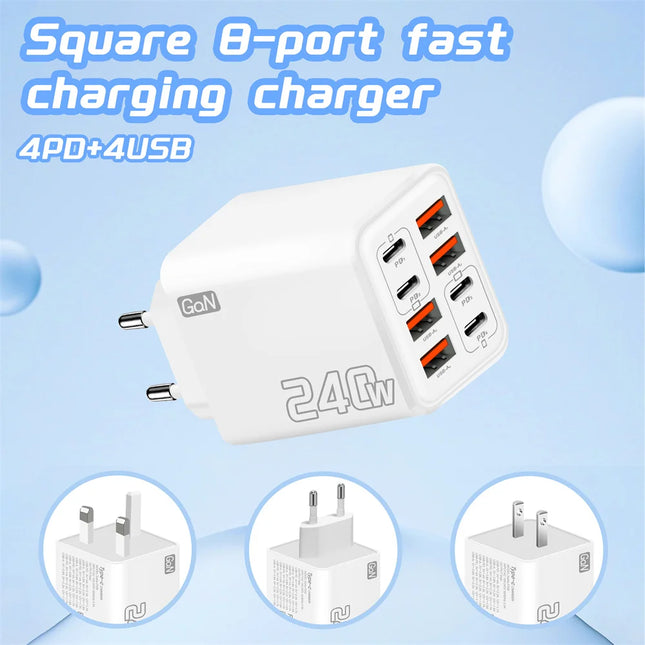 240W 8 Port USB C Charger PD Fast Charging Charger Wall Adapter EU/US/UK Plug Charger Quick Charge 3.0 Multi Ports Power Adapter