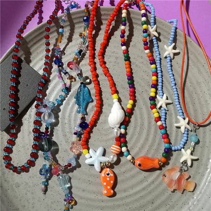 Cute Orange Ceramic Fish Starfish Pendant Beaded Choker Necklace For Women Seaside Vacation Bohemian Harajuku Charm Accessories